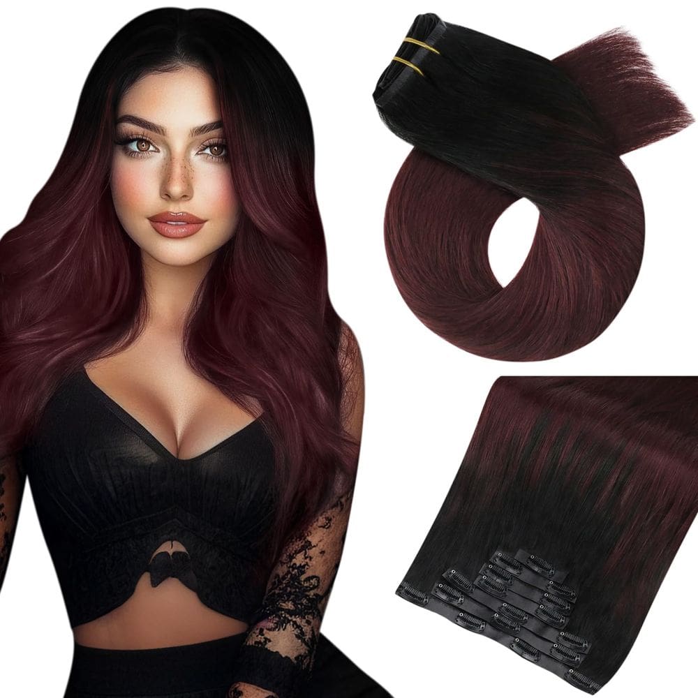 Extensões de cabelo Moresoo Seamless Clip em preto a bordô