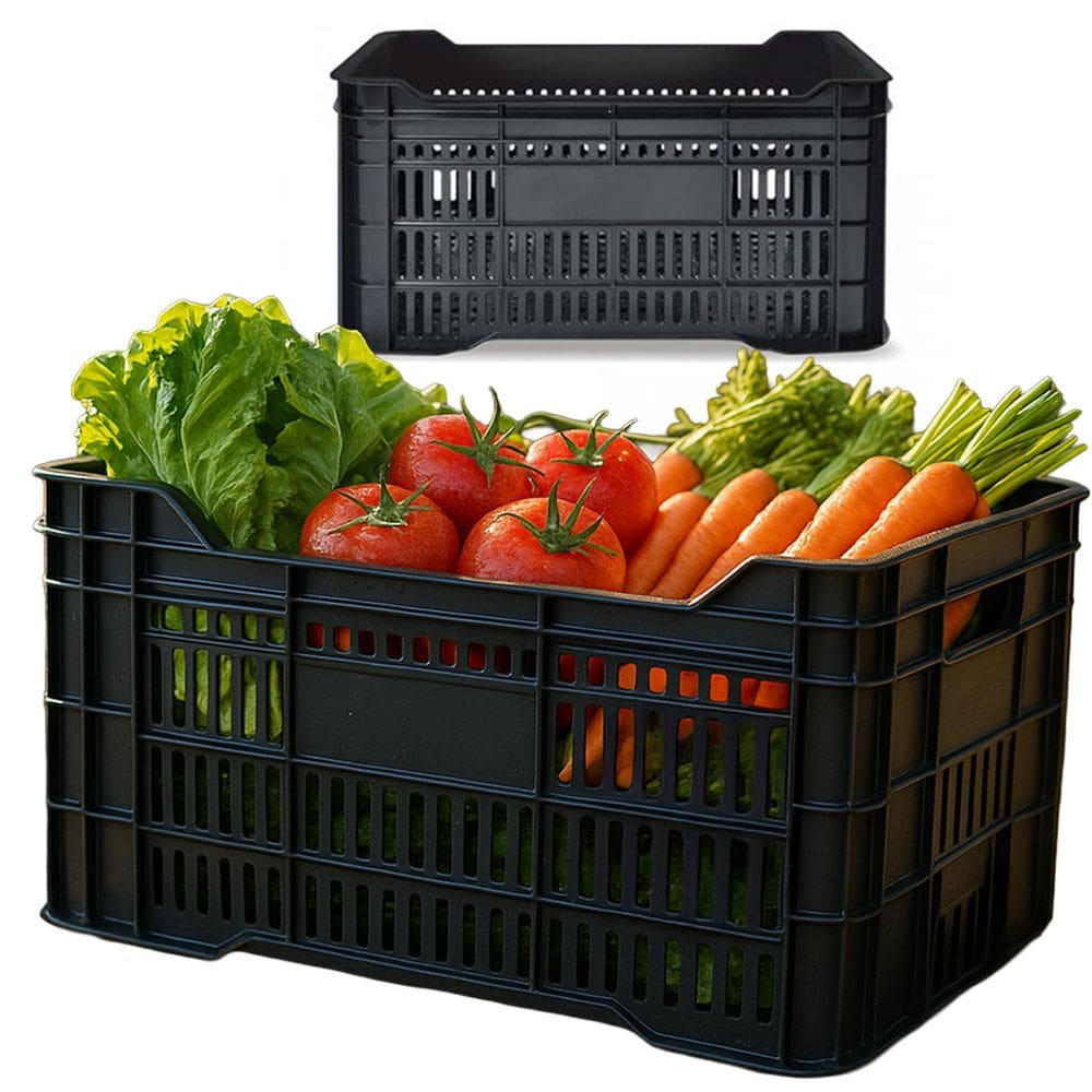 Kit 3 Caixas 57 litros Vazada Plástica Preta Empilhável Frutas Verduras Hortifruti