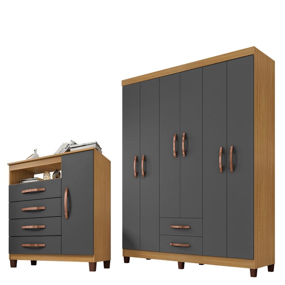 Guarda Roupa De Casal 6 Portas e 2 Gavetas Sem Espelho Com Cômoda Sapateira 1 Porta 4 Gavetas Carvalho Americano - Grafite - ÉdeCasaMóveis