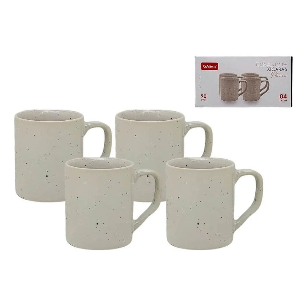Conjunto Jogo Xicaras 04 Canecas Cafe 90ml Ceramica Pavia Branco Wellmix