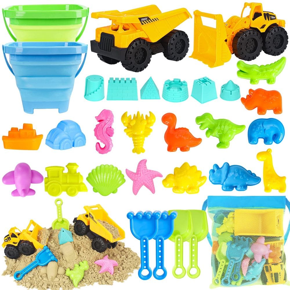 Brinquedos de praia FHOZGECY 31 peças de brinquedos de areia com 2 caminhões, 2 baldes, etc., para crianças