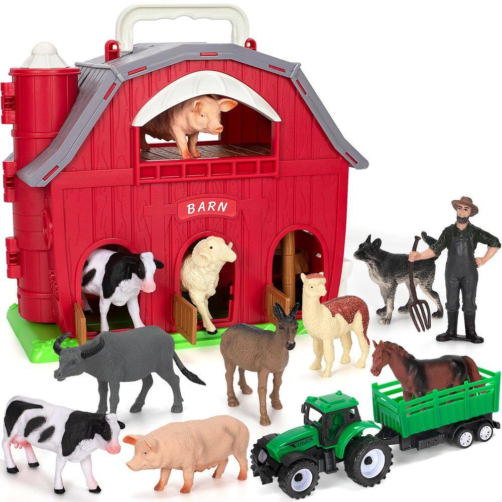 Brinquedos para animais de fazenda Ellinjan Big Red Barn com bonecos e trator