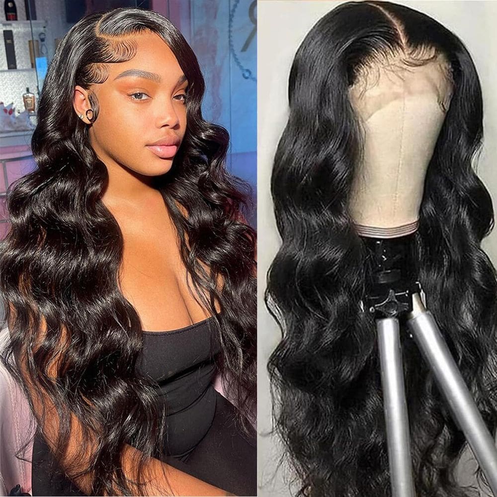 Peruca frontal de renda sintética Veally 13x4 HD Body Wave 26" preta