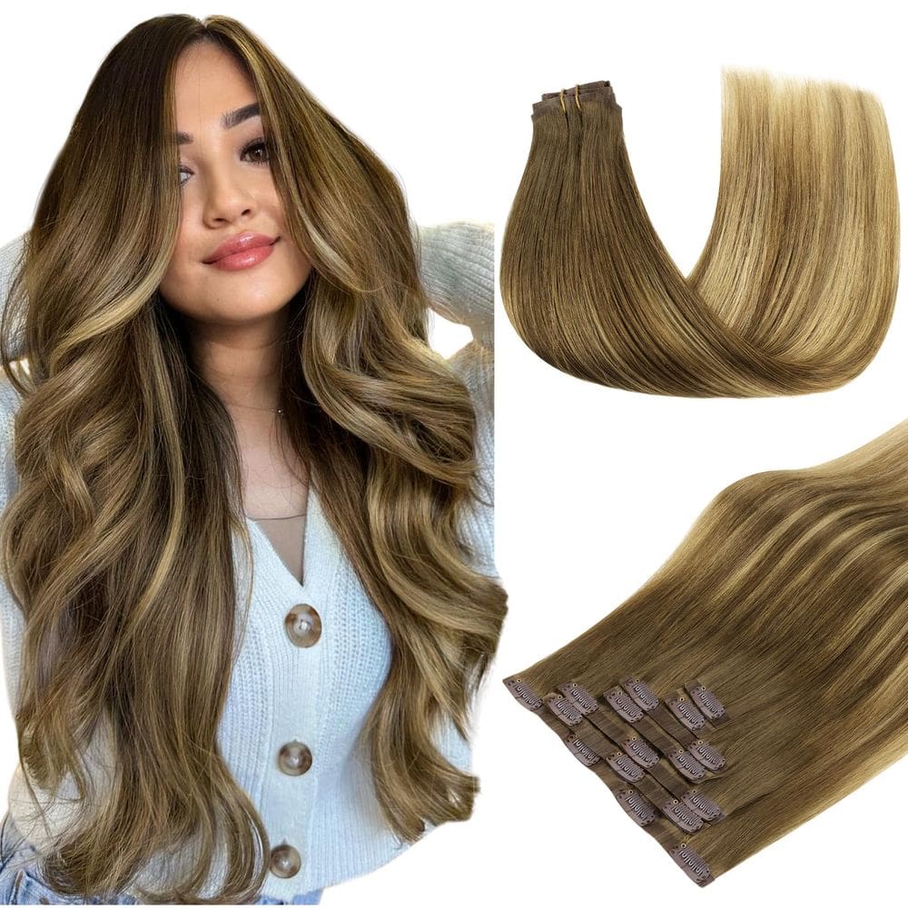 Clip in Human Hair Extensions DOORES Medium Brown 14" 130g