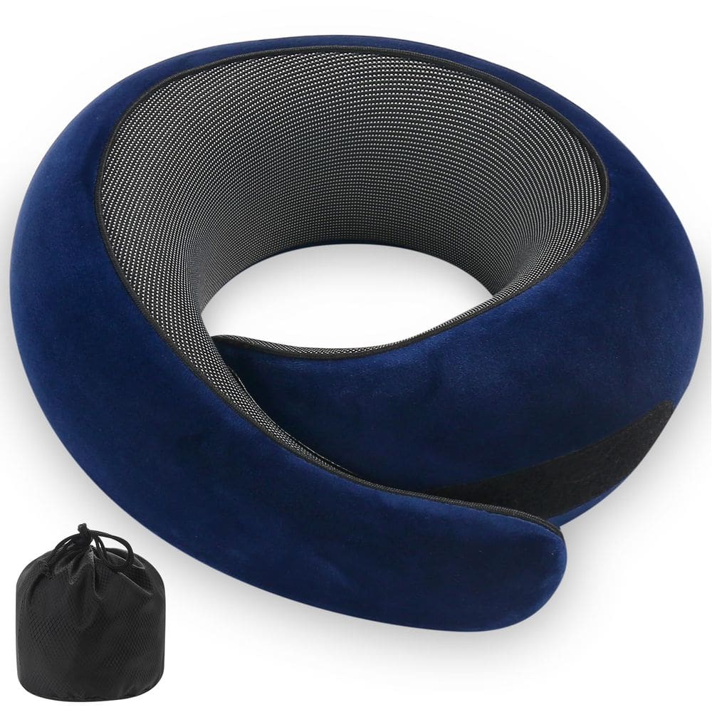 Almofada de pescoço, espuma viscoelástica, viagem, avião, carro, azul escuro