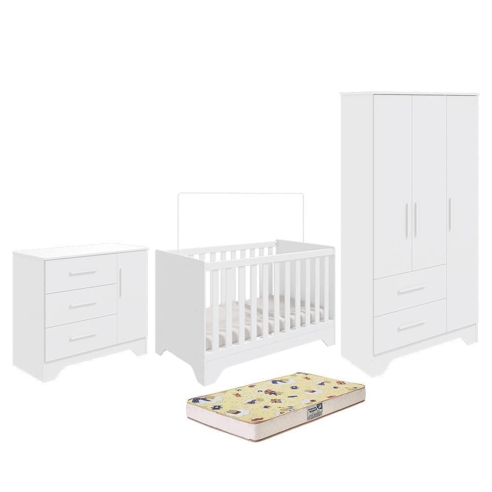 Dormitório Infantil Popy Retrô Plus Guarda Roupa, Cômoda e Berço com Colchão Supreme - Móveis Peroba