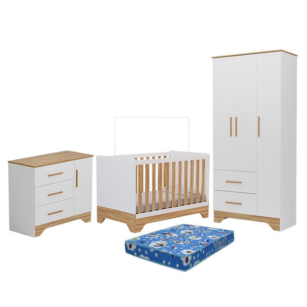 Dormitório Infantil Popy Retrô Plus Guarda Roupa, Cômoda e Berço com Colchão Baby Physical - Móveis Peroba