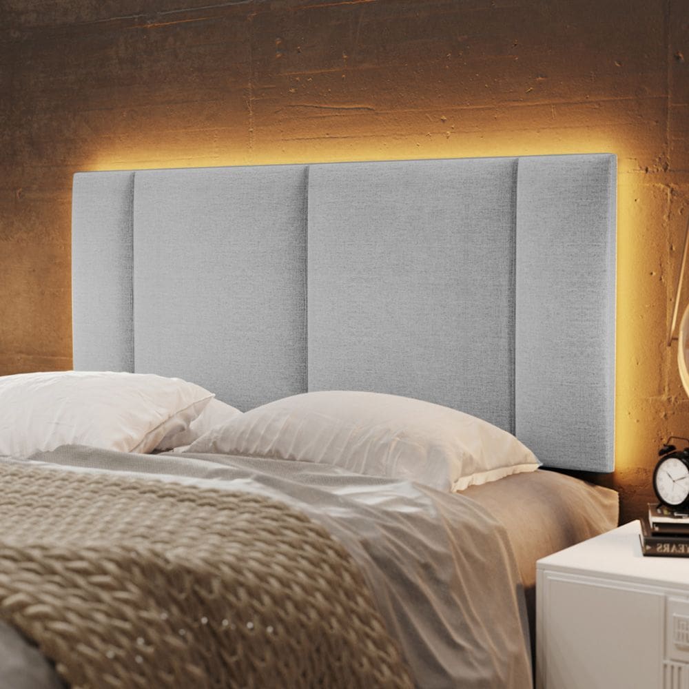 Cabeceira Painel Cama Box Casal Padrão Siri 140cm com LED Linho Cinza - Desk Design