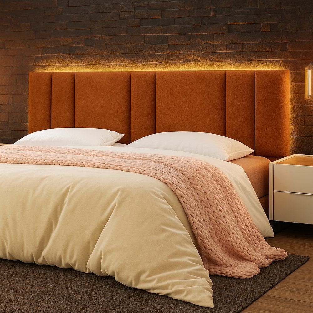 Cabeceira Painel Cama Box King Size Siri 200cm com LED Bouclé Terracota - Desk Design