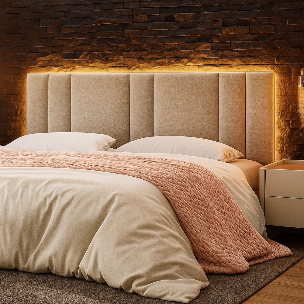 Cabeceira Painel Cama Box King Size Siri 200cm com LED Linho Bege - Desk Design