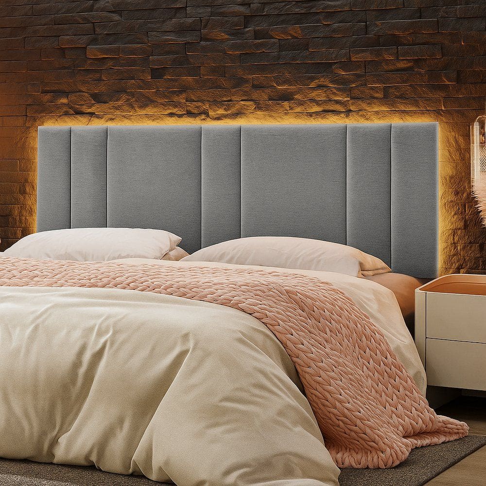 Cabeceira Painel Cama Box King Size Siri 200cm com LED Linho Cinza - Desk Design