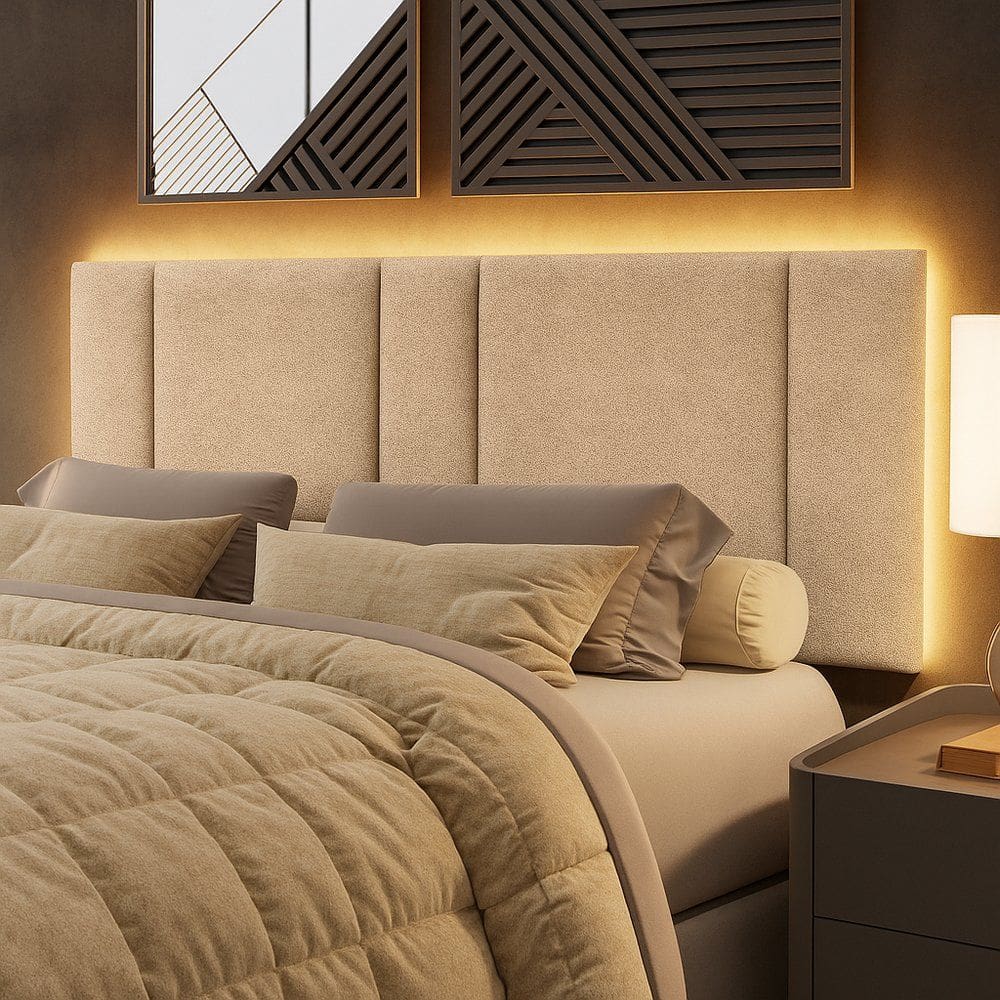 Cabeceira Painel Cama Box Queen Size Siri 160cm com LED Bouclé Bege - Desk Design