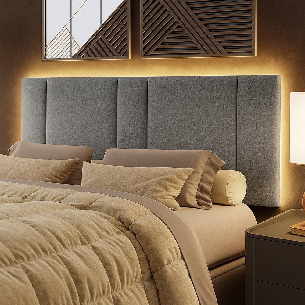 Cabeceira Painel Cama Box Queen Size Siri 160cm com LED Linho Cinza - Desk Design