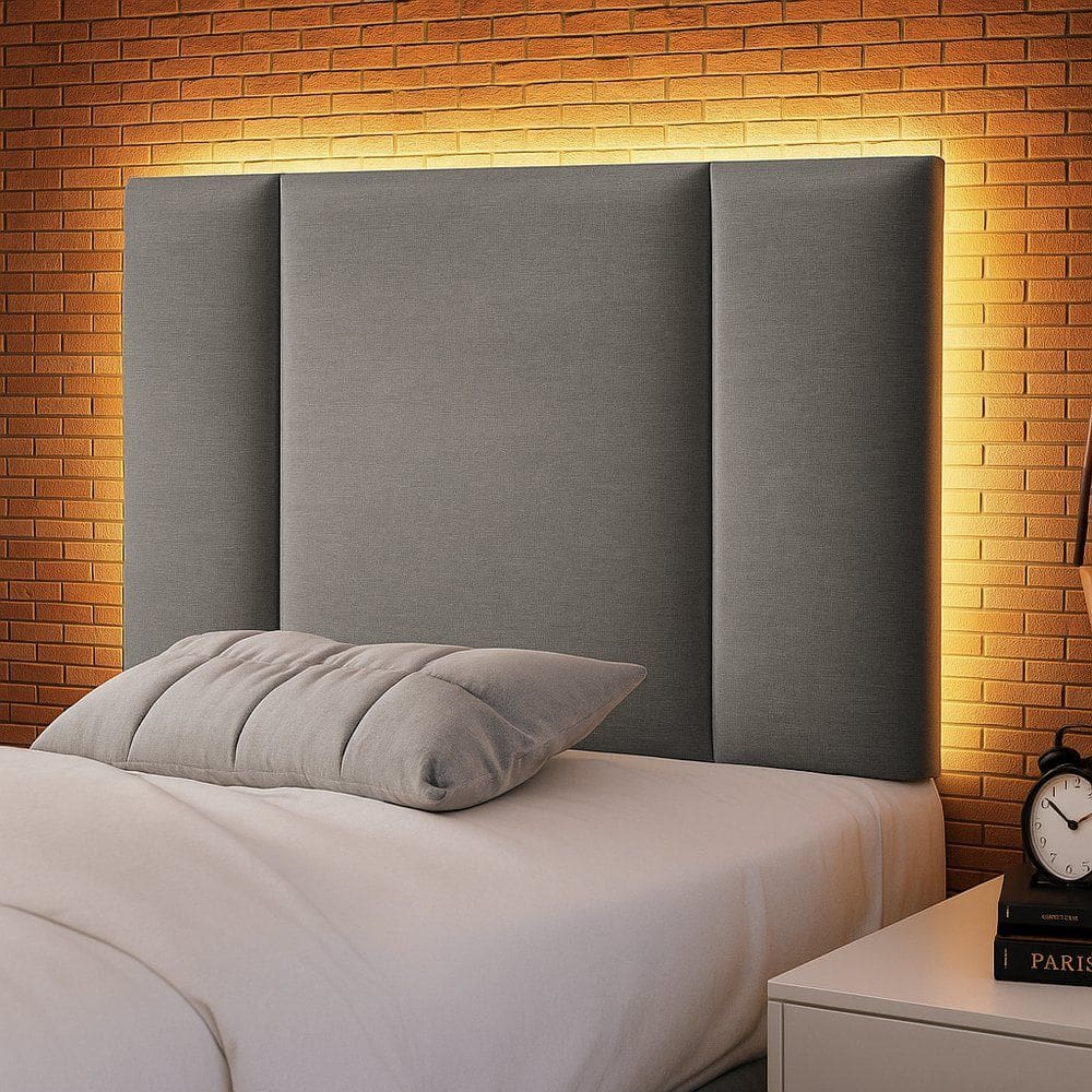 Cabeceira Painel Cama Box Solteiro Siri 90cm com LED Linho Cinza - Desk Design