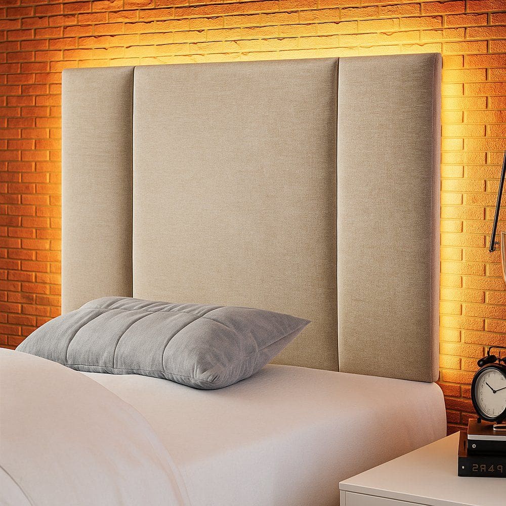 Cabeceira Painel Cama Box Solteiro Siri 90cm com LED Linho Bege - Desk Design