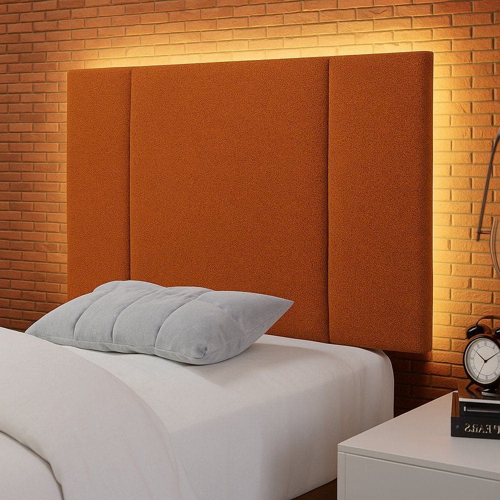 Cabeceira Painel Cama Box Solteiro Siri 90cm com LED Bouclé Terracota - Desk Design