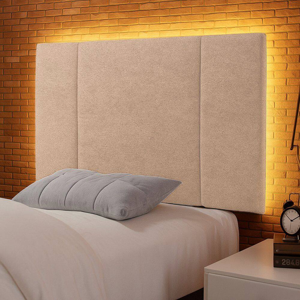 Cabeceira Painel Cama Box Solteiro Siri 90cm com LED Bouclé Bege - Desk Design
