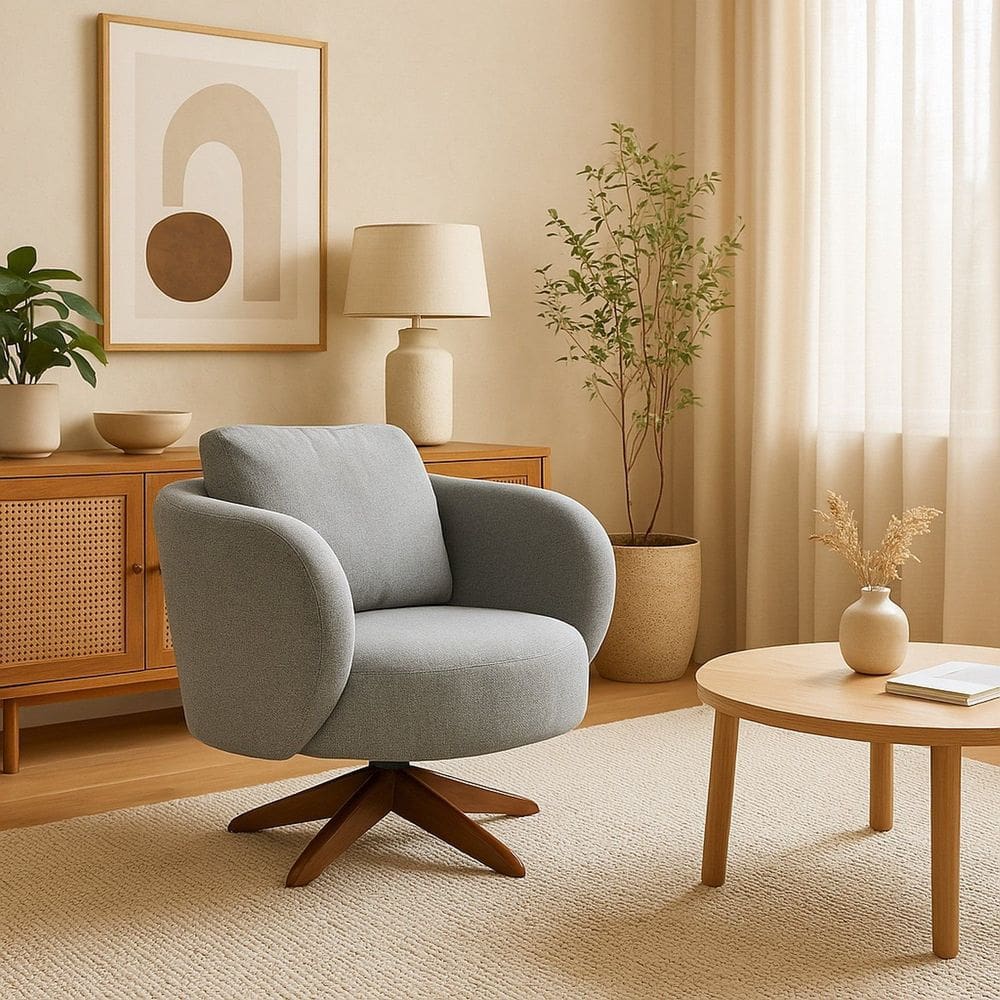 Poltrona para Sala de Estar em Linho 1035 Base Giratória Cinza