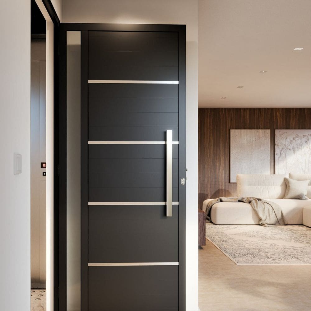 Porta de Alumínio de Giro Lambri 215cm X 95cm Puxador de 60 Cm com Friso e Visor Lucasa Ideale Preto