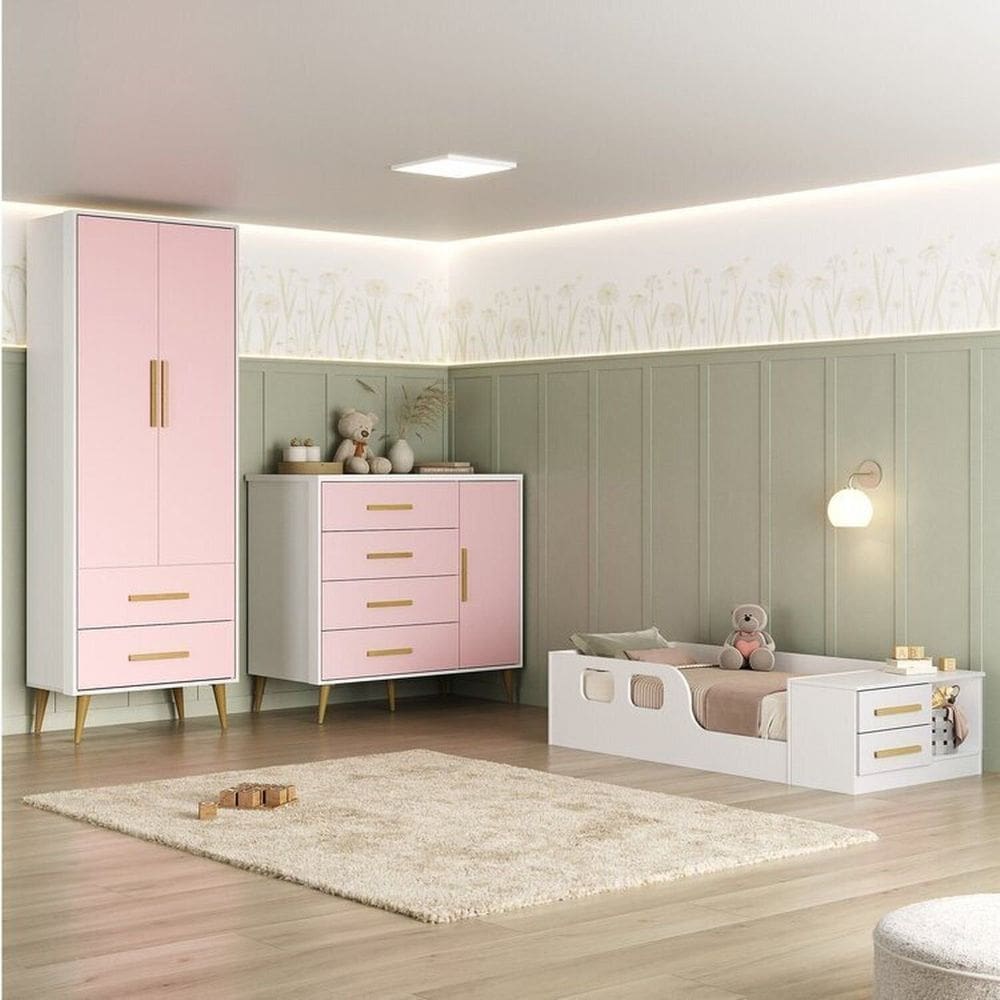 Quarto Infantil com Guarda-roupa, Cômoda e Cama Magia Espresso Móveis Branco/Rosa