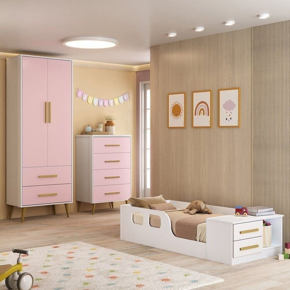 Quarto Infantil Completo com Guarda-Roupa, Cômoda e Cama Magia Espresso Móveis Branco/Rosa