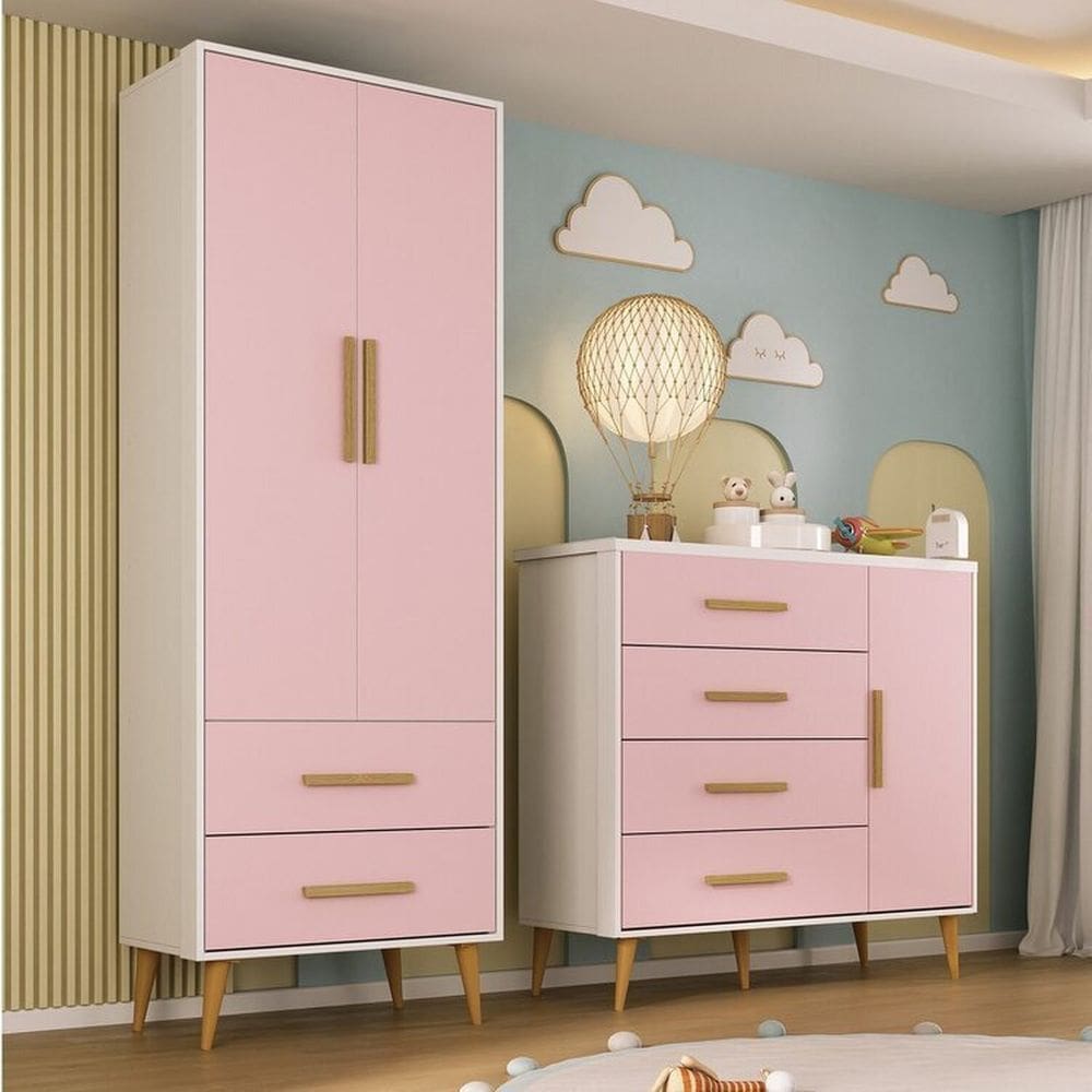 Quarto Infantil com Guarda-Roupa 2 Portas 2 Gavetas com Cômoda Magia Espresso Móveis Branco/Rosa