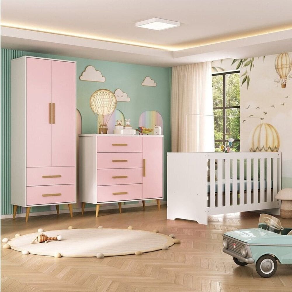 Quarto Infantil com Guarda-roupa 2 Portas 2 Gavetas com Cômoda e Berço Magia Espresso Móveis Branco/Rosa