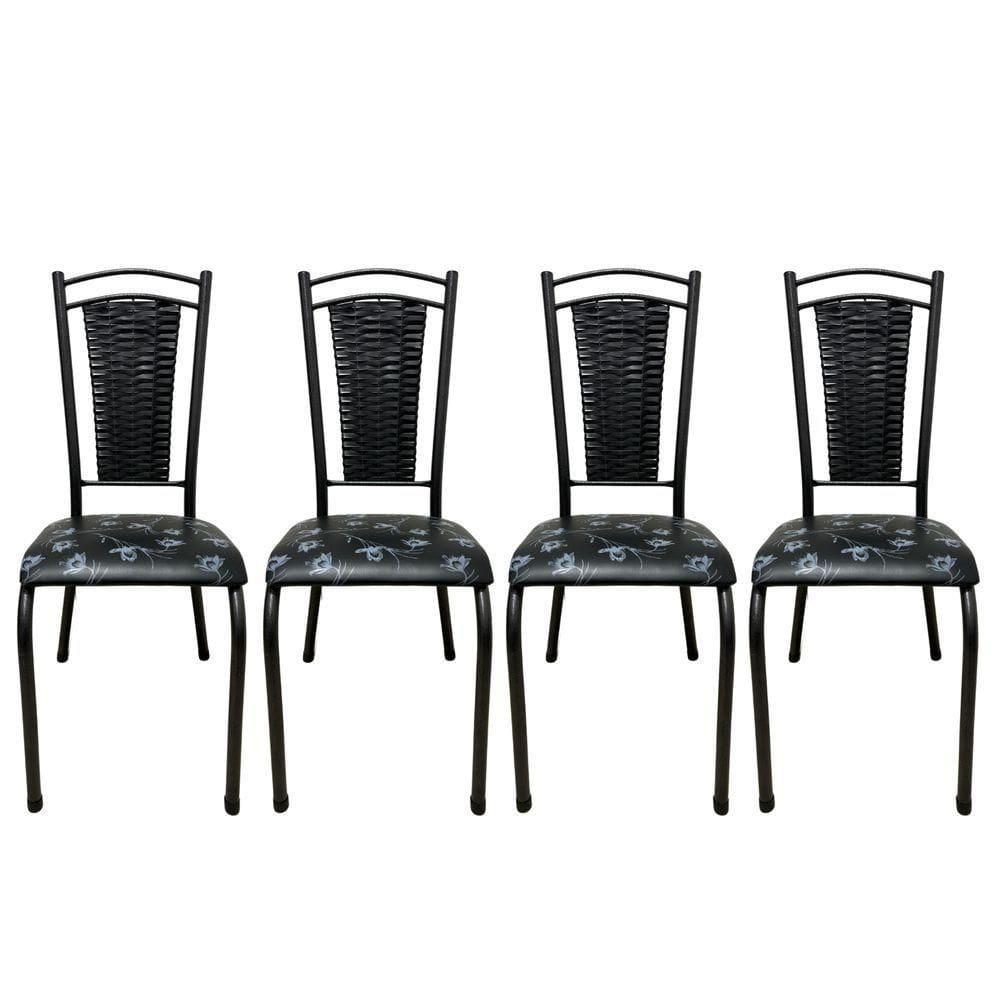 Kit 4 Cadeira Paris De Cozinha Tubular Preto Aço Estofada Encosto Junco Preto Florido