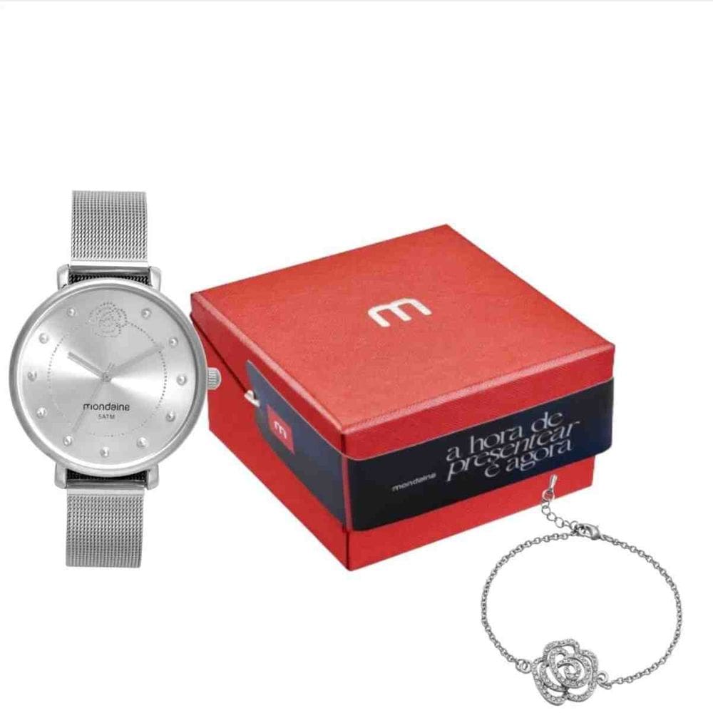 Kit Relógio + Pulseira Flor Mondaine Prata Feminino 32737L0MKNE2K1