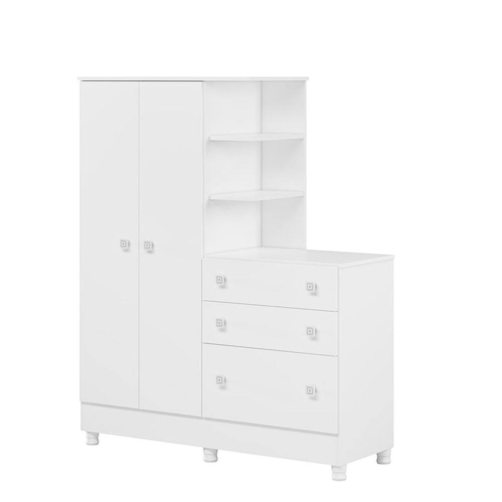 Guarda-Roupas Infantil 2 Portas com Cômoda 3 Gavetas e Nichos Encanto Feliz -Branco Branco - ÉdeCasaMóveis