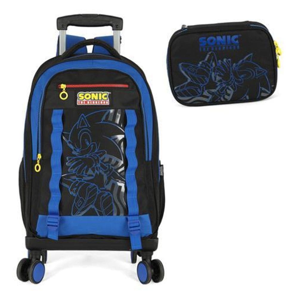 Kit Mochila Carrinho Rodinhas 360 Estojo Box  Sonic