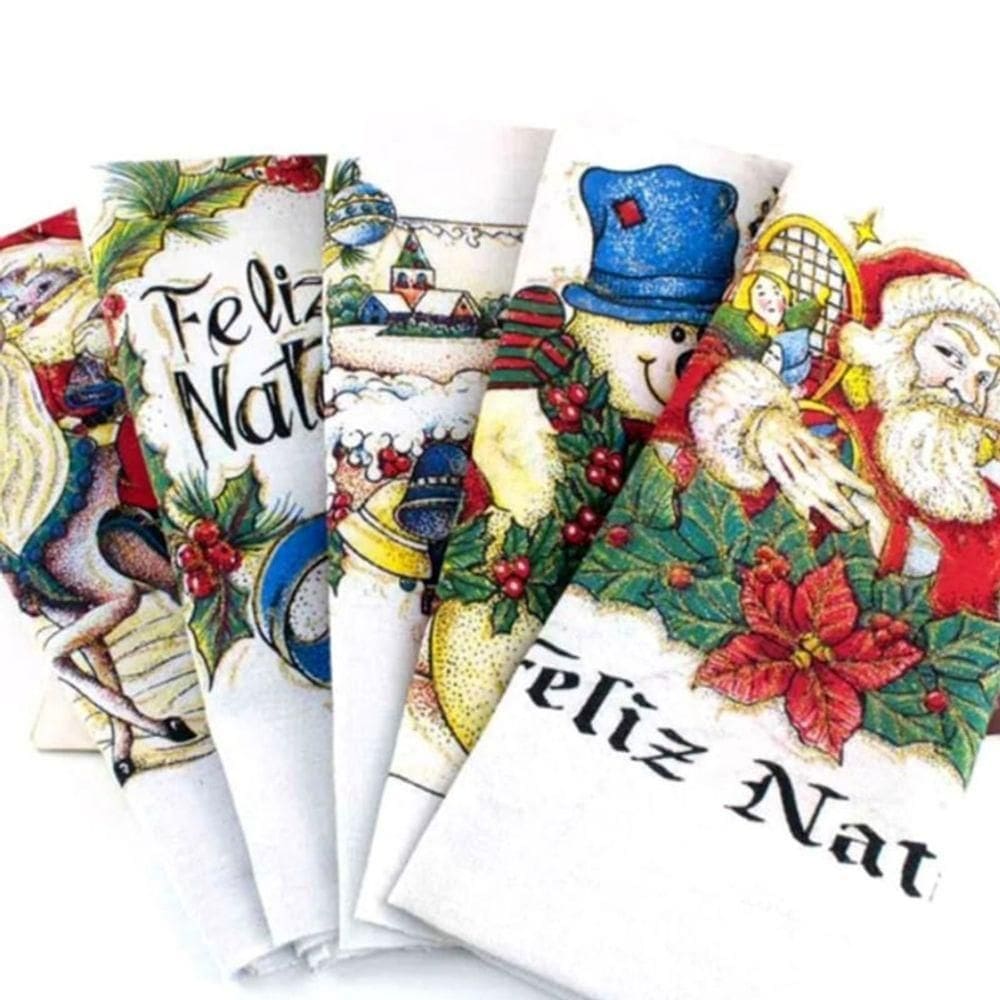 Pano De Copa Lomaer Sacaria Estampado Natal C/ Glitter - 12 Unidades - Branco