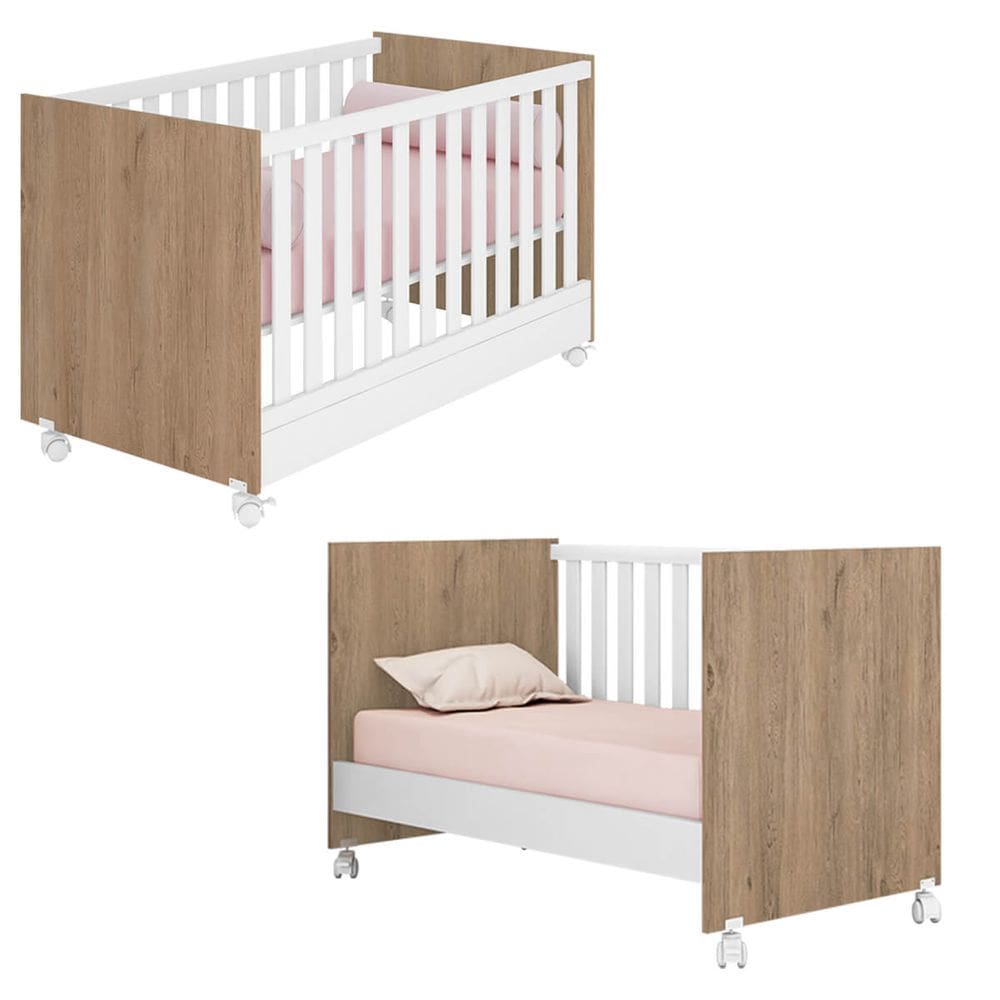 Berço Mini Cama Infantil Encanto Feliz com Mosquiteiro e Rodízios -Carvalho Toq Rustico-Branco - ÉdeCasaMóveis