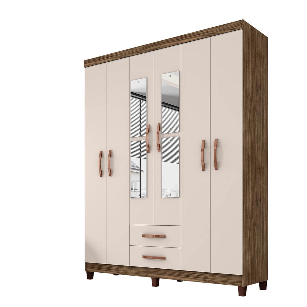Guarda Roupa De Casal 6 Portas e 2 Gavetas Com Espelho Manchester - Teka - Champagne - ÉdeCasaMóveis
