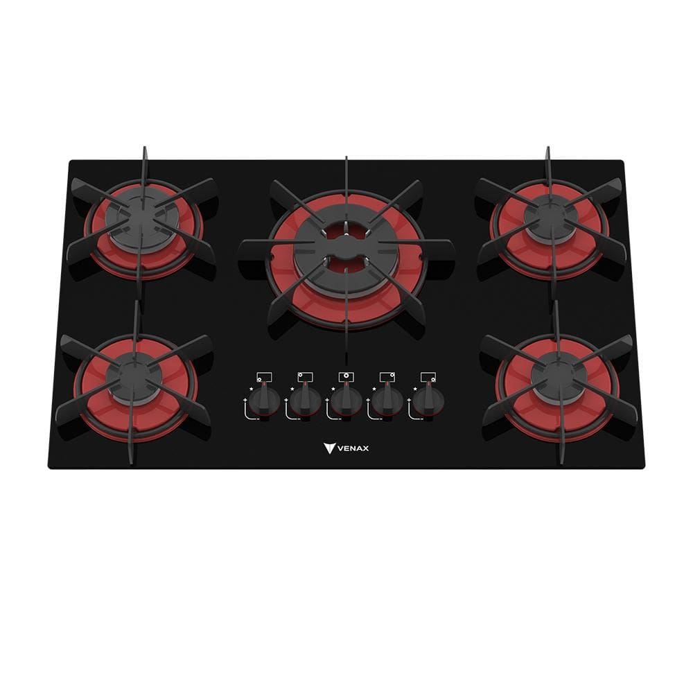 Cooktop a Gas 5 Bocas Venax Arena Preto Vermelho