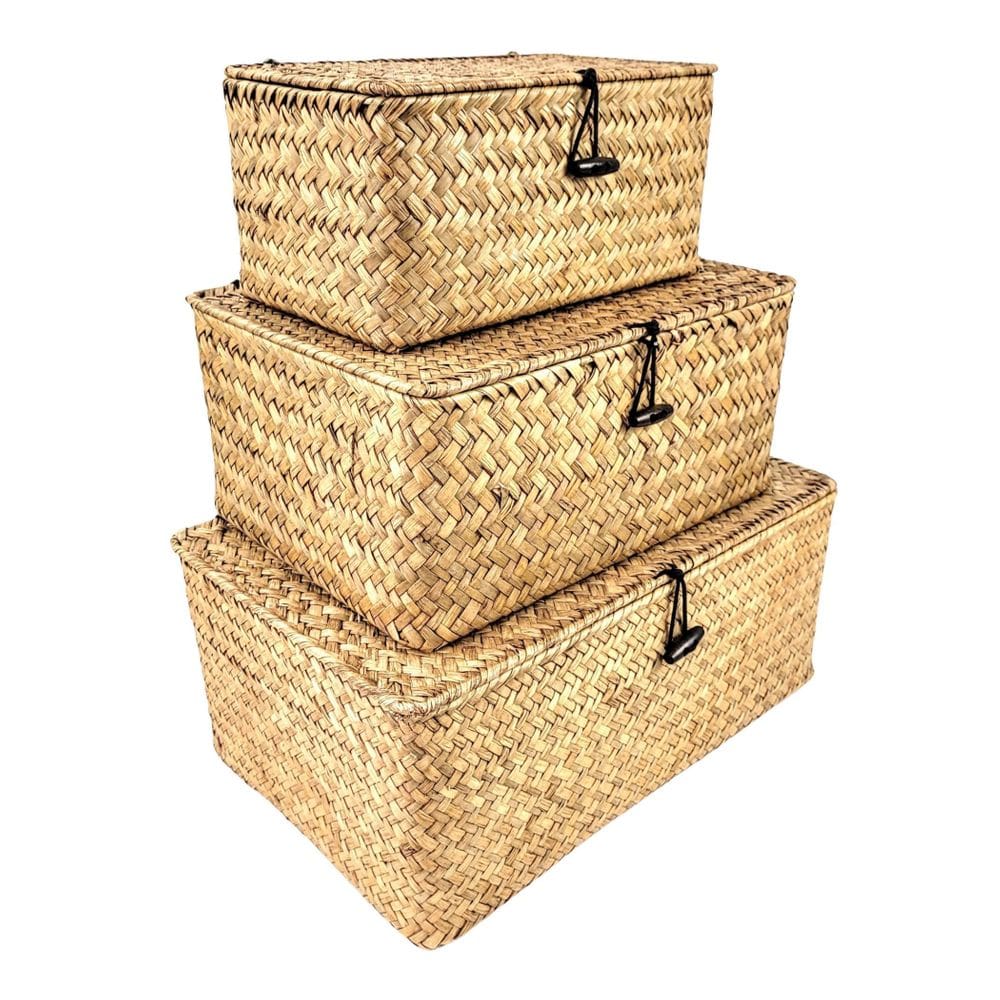 Kit 3 Cesta Bau Fibra Natural Bege Retangular Cesto P, M, G