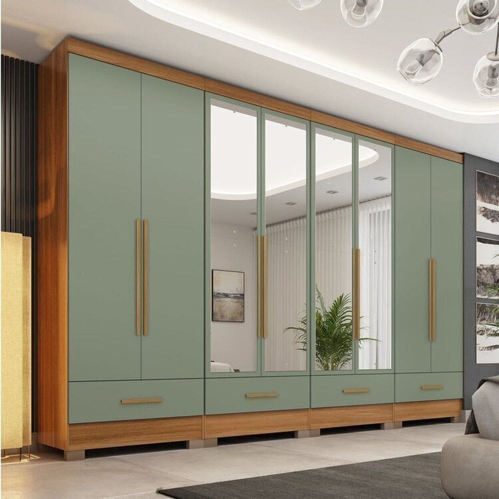 Quarto Modulado 4 Peças 8 Portas 4 Gavetas com Espelhos Smart Plus Espresso Móveis Cinamomo / Verde