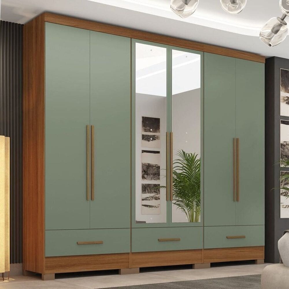 Quarto Modulado 3 Peças 6 Portas 3 Gavetas com Espelhos Smart Plus Espresso Móveis Cinamomo / Verde