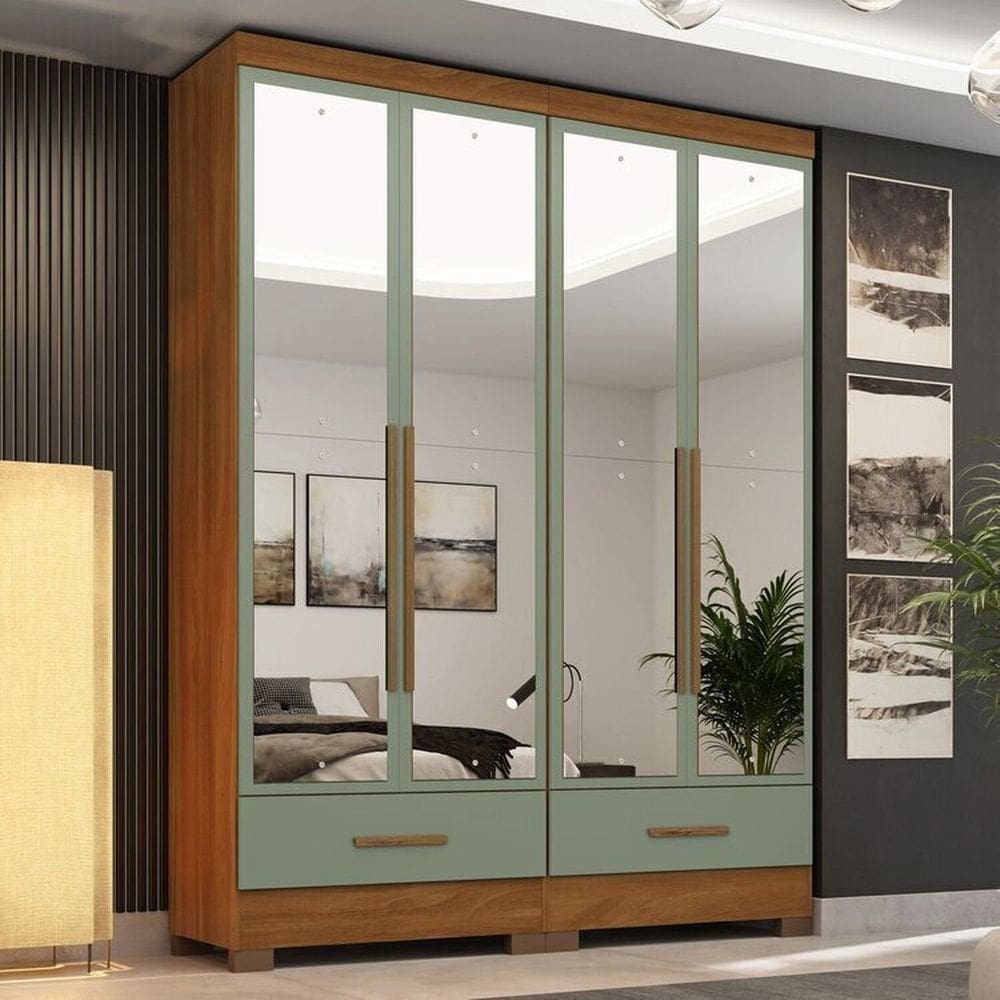 Quarto Modulado 2 Peças 4 Portas 2 Gavetas com Espelhos Smart Plus Espresso Móveis Cinamomo / Verde