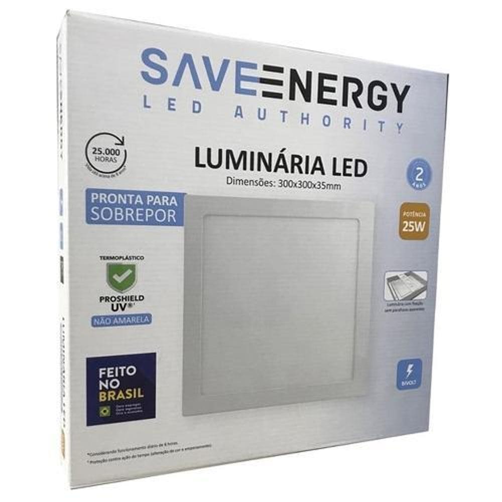 Plafon Led Sobrepor 30X30 25W Branco Frio Save Energy