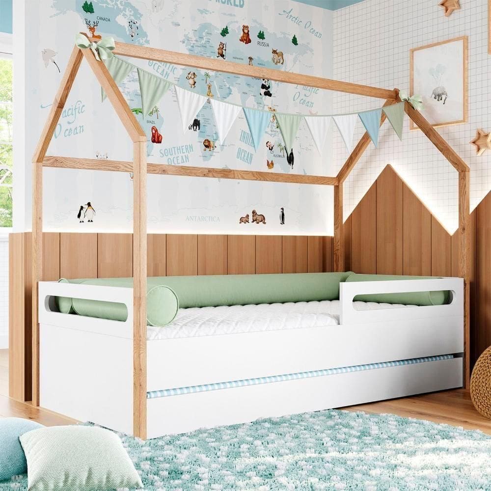 Cama Montessoriana Casinha Com Cama Auxiliar Coleção Tivoli Mel Branco