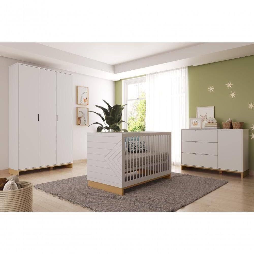 Quarto Bebê 3 Pçs Berço Cômoda Grande E Roupeiro Linha Cubo Branco Plátano