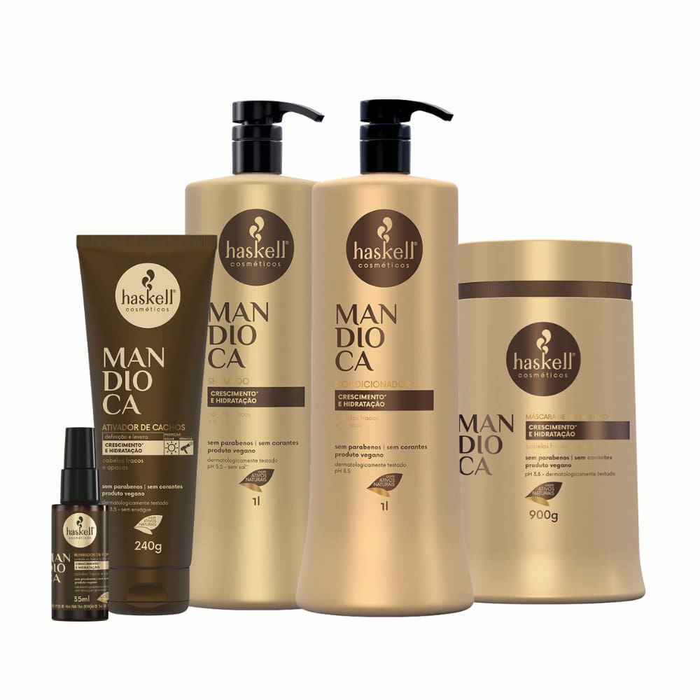Kit Haskell Mandioca Shampoo, Condicionador e Máscara 1L + Reparador e Ativador de Cachos