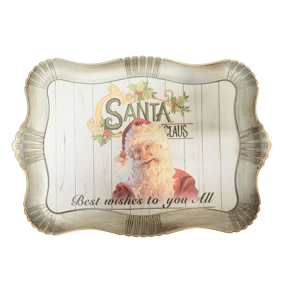 Bandeja Natal Rústica Papai Noel Moldura Ondulada 42cm x 32cm - Magizi