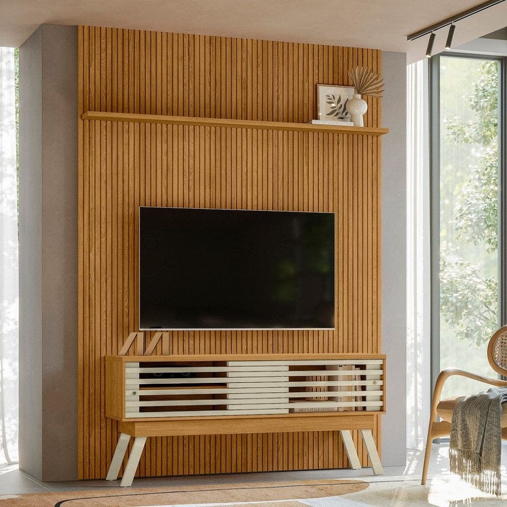 Rack com Painel Frisado para TV até 65 Polegadas 2 Portas de Correr com Pés New Premium Madetec