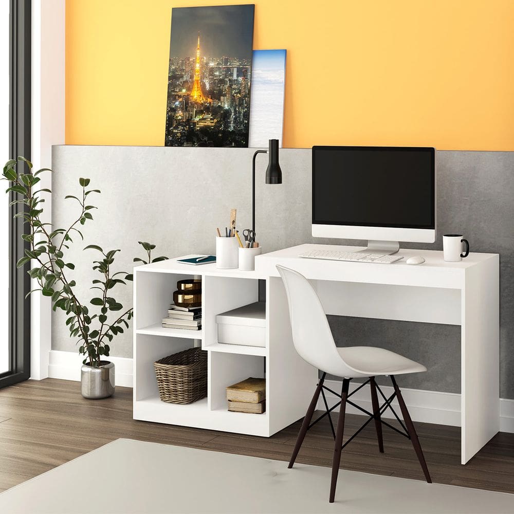 Mesa de Escritório com Estante Lateral Branco