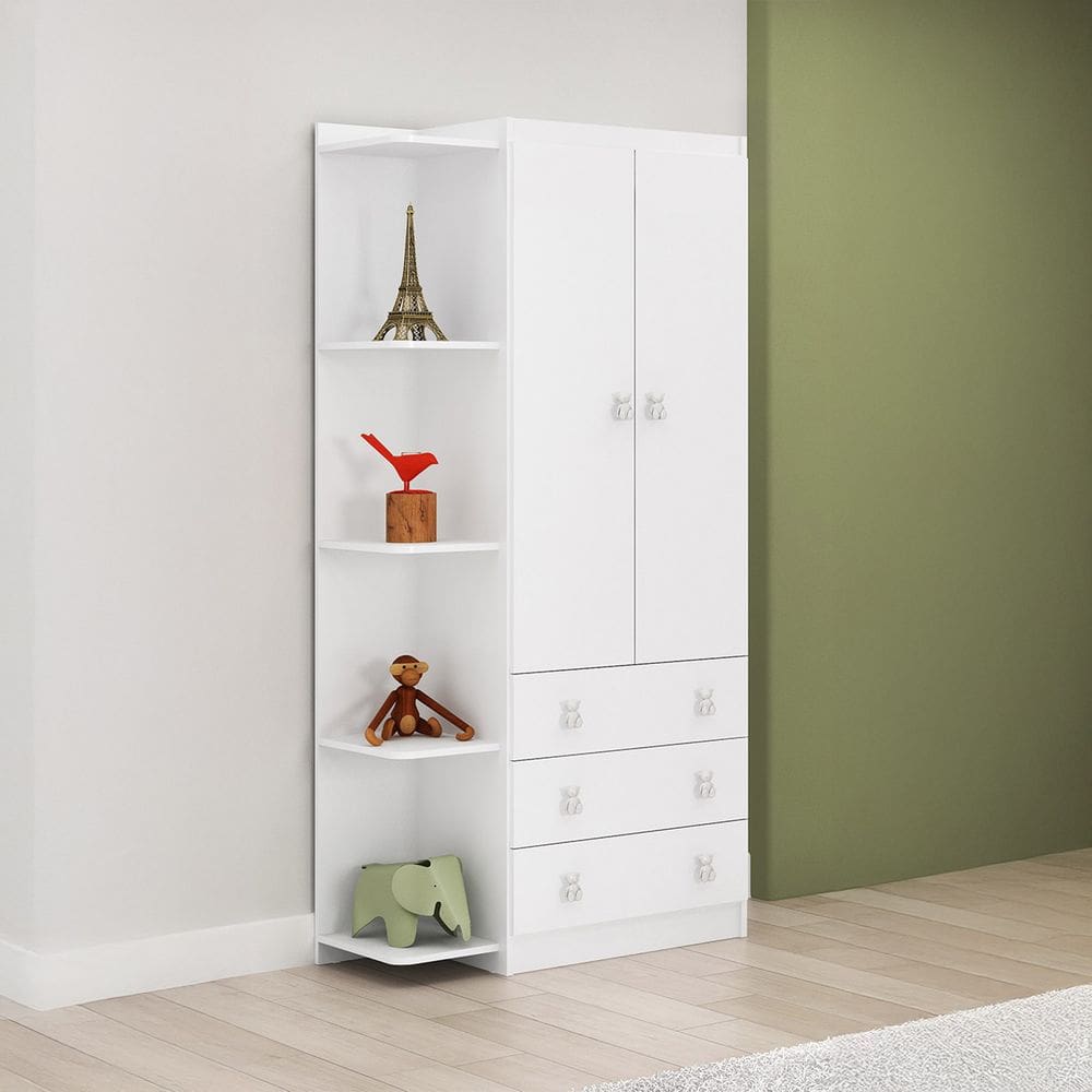 Gurda Roupa Infantil com Estante Lateral 2 Portas 3 Gavetas Branco