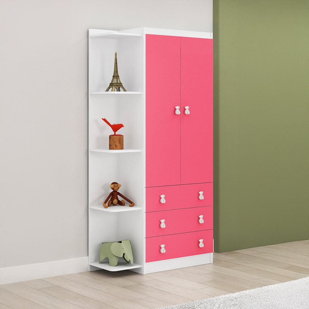 Gurda Roupa Infantil com Estante Lateral 2 Portas 3 Gavetas Rosa
