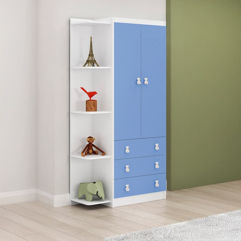 Gurda Roupa Infantil com Estante Lateral 2 Portas 3 Gavetas Azul