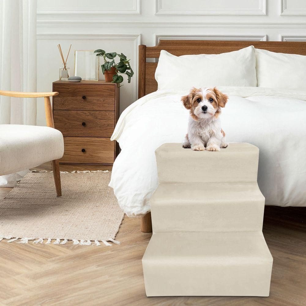 Escada Para Pet 3 Degraus Veludo Bege